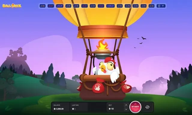 A colorful animated hot air balloon with a cartoon chicken inside, set against a scenic landscape with hills and a purple sky, featuring a game interface with betting options and a start button.