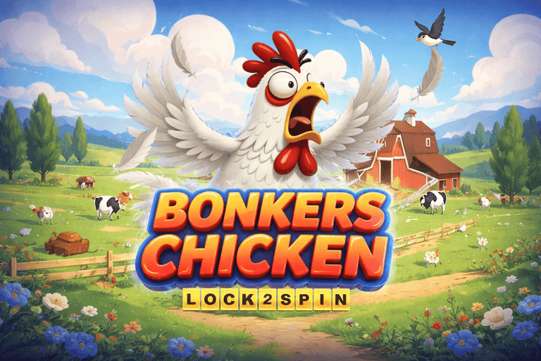 A cartoon chicken with wide eyes and open beak spreads its wings in front of a farm scene with cows, sheep, flowers, and a red barn, with the text "Bonkers Chicken Lock 2 Spin" prominently displayed.