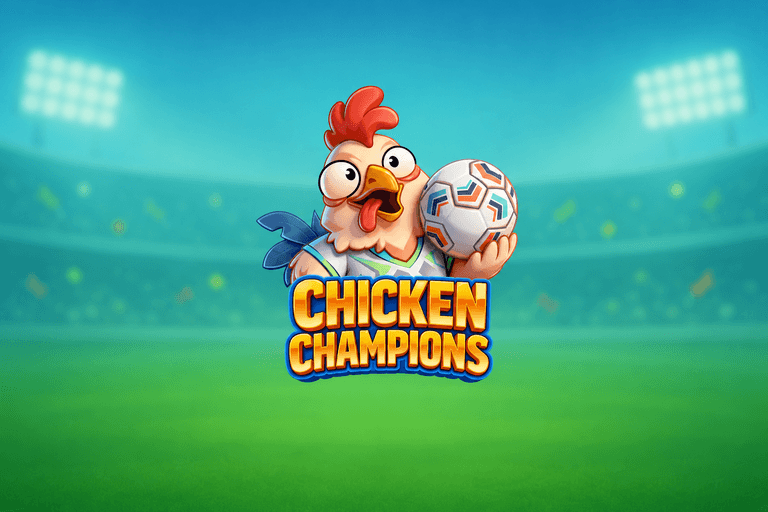 A cartoon chicken holding a soccer ball with the text "Chicken Champions" in bold yellow letters, set against a blurred stadium background.
