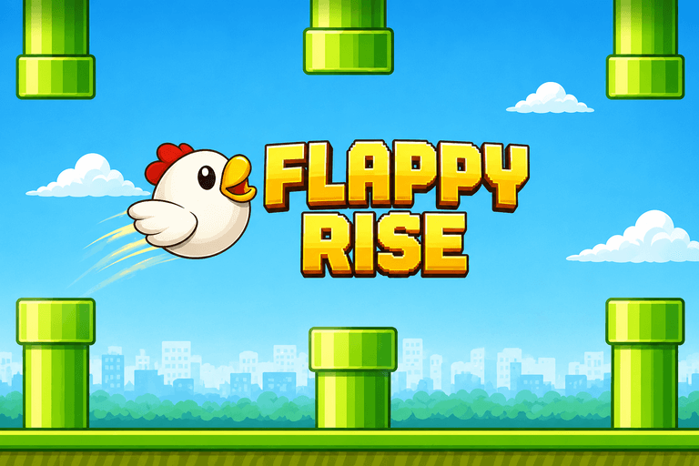 A cartoon chicken flying through green pipes with the bold yellow text "FLAPPY RISE" against a blue sky with clouds and a cityscape in the background.