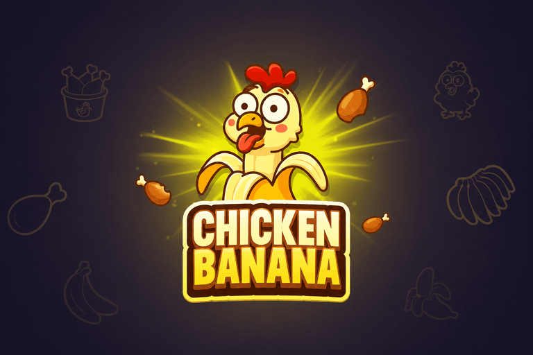 A cartoon chicken with a banana body and a surprised expression is surrounded by glowing chicken drumsticks, with the bold text "CHICKEN BANANA" below it on a dark background.