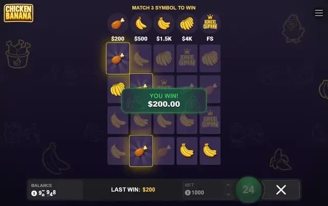 Online slot game screen showing a winning combination with chicken drumstick and banana symbols, a $200 win message, and game controls at the bottom.