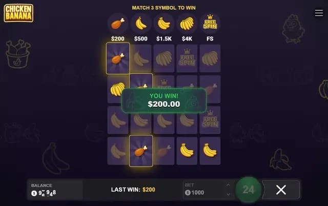Online slot game screen showing a winning combination with chicken drumstick and banana symbols, a $200 win message, and game controls at the bottom.