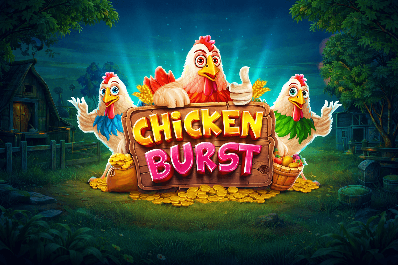 Three cartoon chickens holding a wooden sign that reads "Chicken Burst" surrounded by gold coins, set against a nighttime farm background.