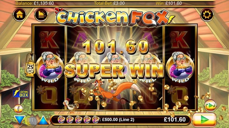 Chicken Fox slot game screen showing a super win of £101.60 with five wild symbols of a woman holding a pie and animated coins flying around. The balance is £1,135.60 and the total bet is £3.00.
