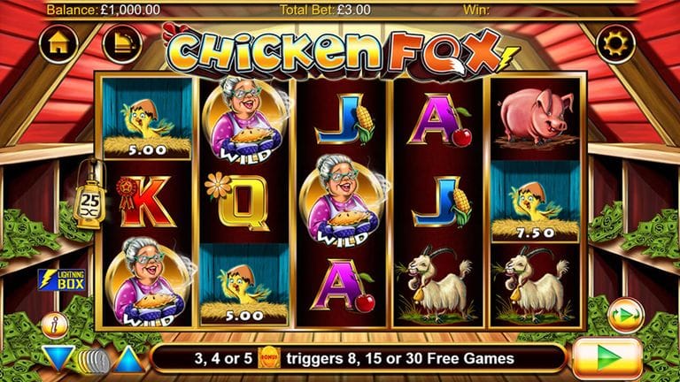 Slot machine game screen titled "Chicken Fox" showing various farm-themed symbols including a chicken, wild woman with pie, pig, goat, and playing card icons, with a balance of £1,000.00 and a total bet of £3.00.