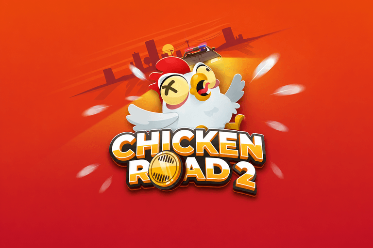 Logo for the game "Chicken Road 2" featuring a cartoon chicken with crossed-out eyes and a police car with flashing lights in the background against a red and orange gradient backdrop.