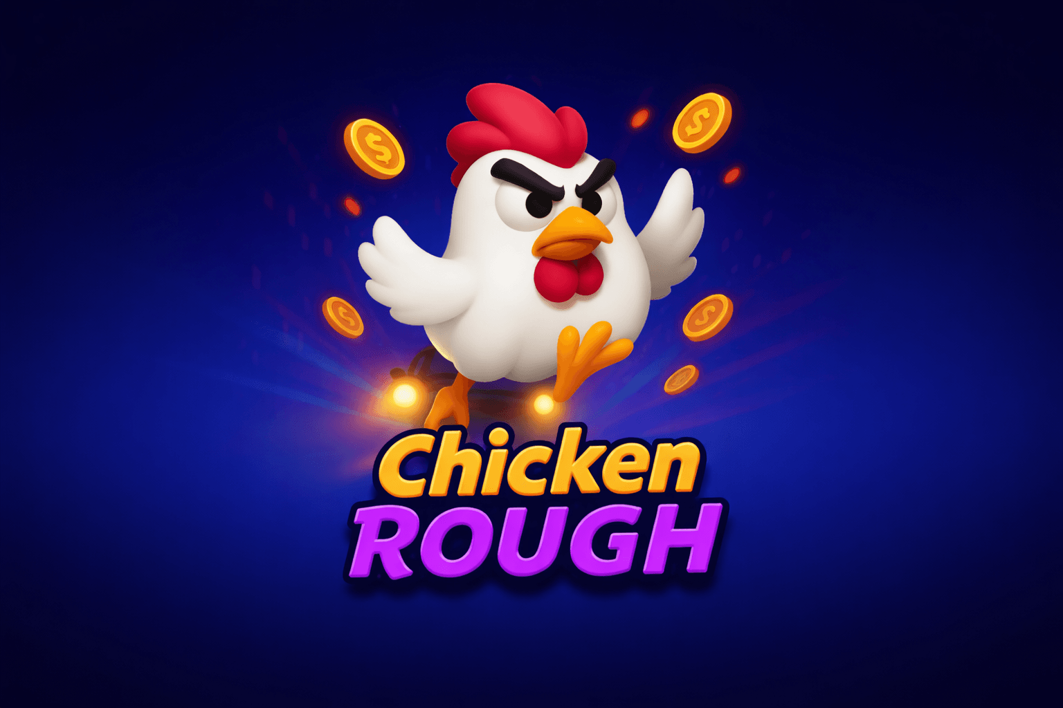 A cartoon chicken with an angry expression surrounded by floating gold coins, above the bold text "Chicken ROUGH" on a dark blue background.