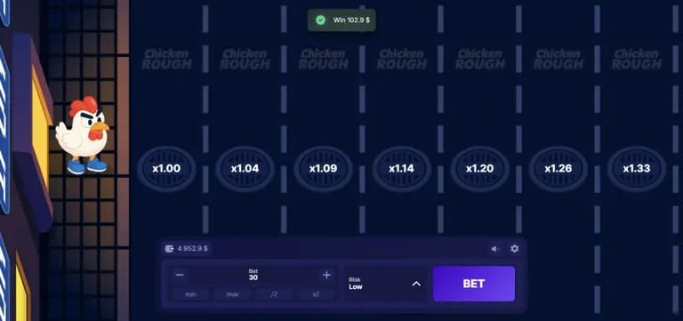 A digital game interface featuring a cartoon chicken on the left and a series of multiplier values from x1.00 to x1.33 across the screen, with a betting panel at the bottom showing a bet amount of 30 and a risk level labeled "Low."