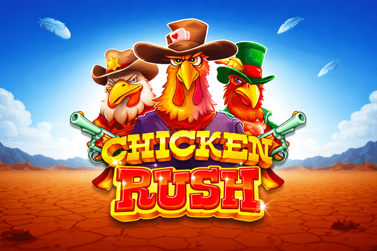 Three cartoon chickens dressed as cowboys with hats and guns, standing behind bold yellow and red text that reads "Chicken Rush" against a desert landscape with a bright blue sky.