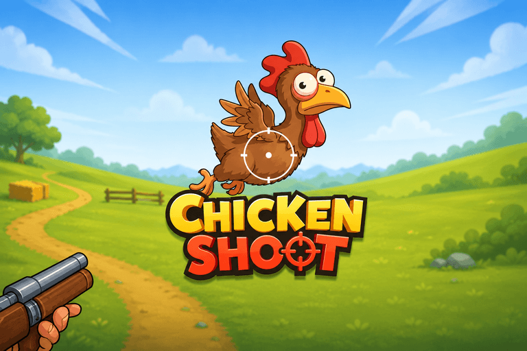 Cartoon chicken with wide eyes in crosshairs above the colorful text "Chicken Shoot" on a sunny countryside background with a hand holding a shotgun in the bottom left corner.