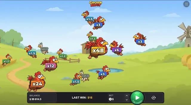 Cartoon chickens with various multiplier values flying over a green field with a windmill in the background, part of a game interface showing balance, last win, and bet amount.