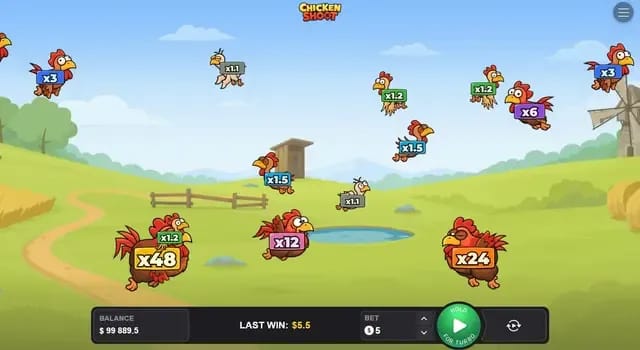 Cartoon chickens with various multipliers and scores fly over a farm landscape in a game interface labeled "Chicken Shoot," showing a balance of $99,889.5 and a last win of $5.5.
