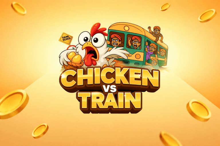 Cartoon chicken holding golden eggs with a sign reading "Game Bonus" facing an angry group of people on a train, with the text "Chicken vs Train" in bold gold letters below.