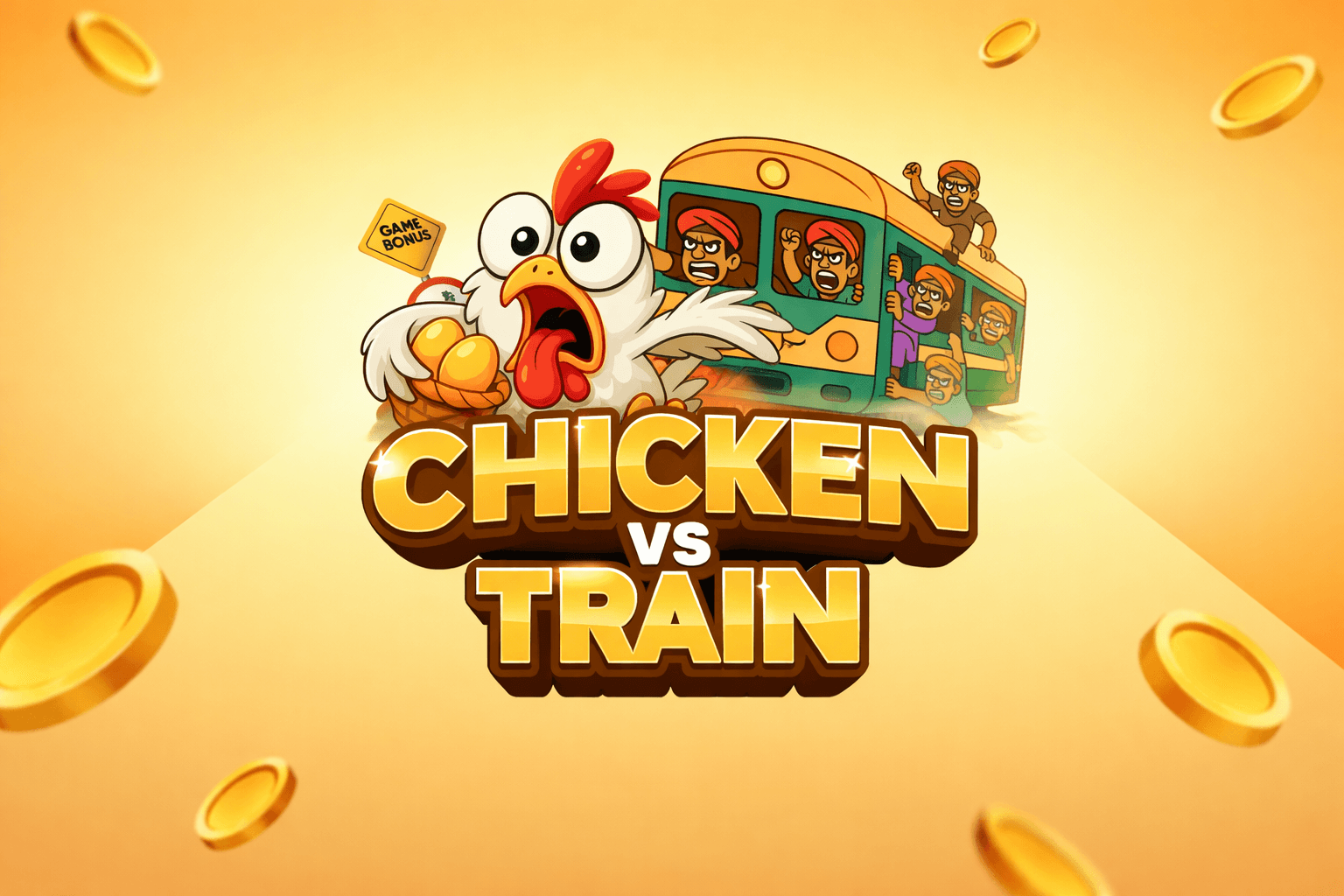 Cartoon chicken holding golden eggs with a sign reading "Game Bonus" facing an angry group of people on a train, with the text "Chicken vs Train" in bold gold letters below.