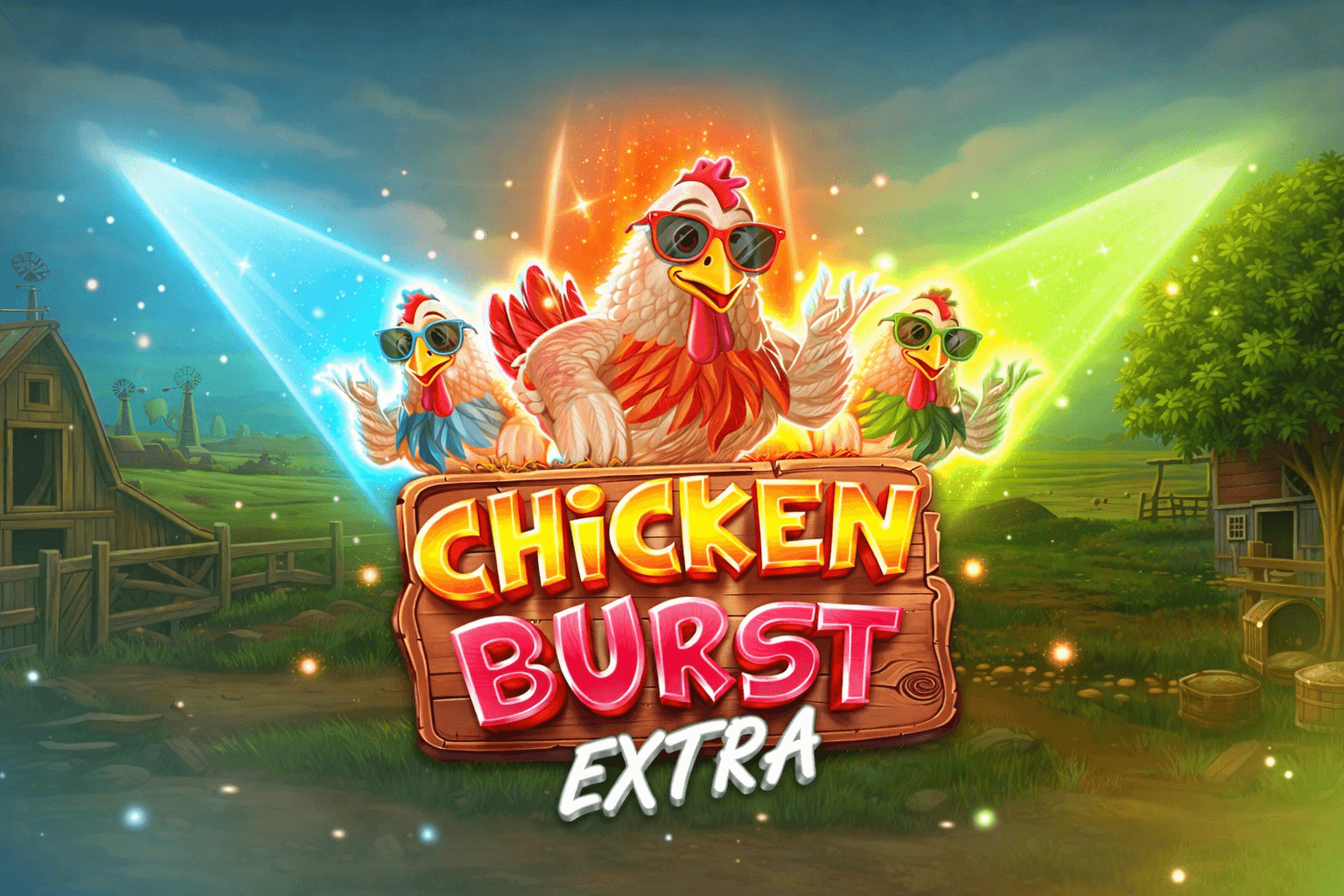 Three cartoon chickens wearing sunglasses with colorful feathers stand behind a wooden sign that reads "Chicken Burst Extra" in a vibrant farm setting with spotlights and barns in the background.