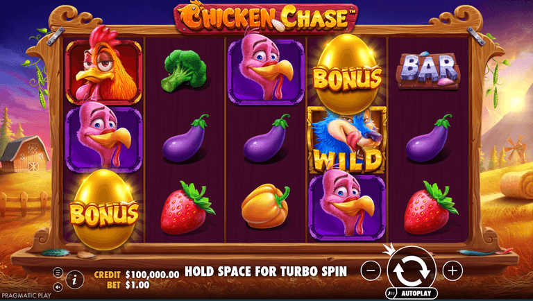 Chicken Chase slot game screen showing various colorful symbols including chickens, vegetables, a golden egg labeled "BONUS," and a wild blue wolf, with a credit of $100,000 and a bet of $1 displayed at the bottom.