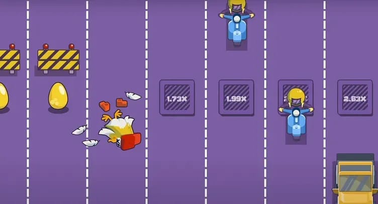 Cartoon-style game scene showing a broken chicken with scattered feathers and eggs on a purple road with lanes marked by dashed white lines, alongside two characters riding blue scooters and a yellow truck.
