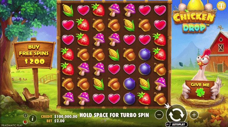 Colorful slot machine game interface titled "Chicken Drop" featuring various icons like corn, hearts, strawberries, mushrooms, acorns, and bombs on a wooden grid, with a cartoon chicken holding a sign that says "Give Me" and a sign offering free spins for $200.