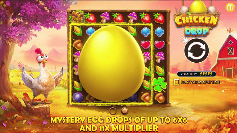 Colorful animated game screen featuring a large golden egg in the center, a cartoon chicken on the left, and various fruit and symbol icons on a grid, with the text "Mystery egg drops of up to 6x6 and 11x multiplier" at the bottom.