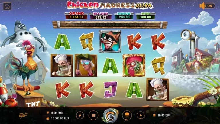 Chicken Madness Ultra slot game screen showing various cartoon symbols including a rooster, chefs, and letters, with jackpot amounts displayed at the top.