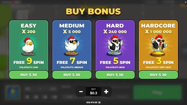 Buy bonus options screen from a game showing four tiers: Easy (x200, free 9 spins, low volatility), Medium (x5000, free 7 spins, medium volatility), Hard (x240000, free 5 spins, high volatility), and Hardcore (x1,000,000, free 3 spins, very high volatility), each costing $30. A bet amount of $0.3 is displayed below the options.
