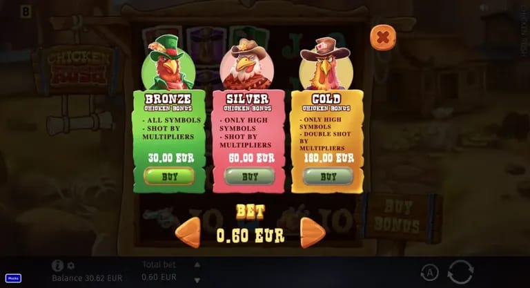 Chicken Rush game screen showing three chicken bonus options: Bronze for 30.00 EUR, Silver for 60.00 EUR, and Gold for 180.00 EUR, with a current bet of 0.60 EUR displayed at the bottom.