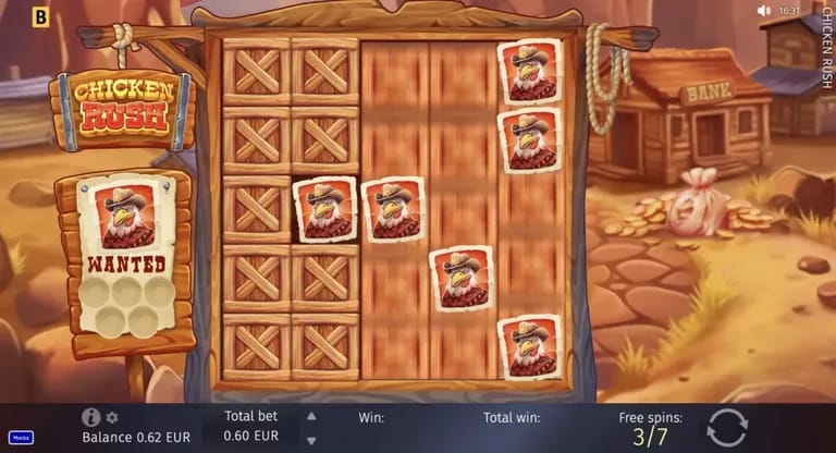 Cartoon-style slot machine game screen titled "Chicken Rush" featuring a wooden grid with chicken cards and a western town background, showing a balance of 0.62 EUR and 3 out of 7 free spins remaining.