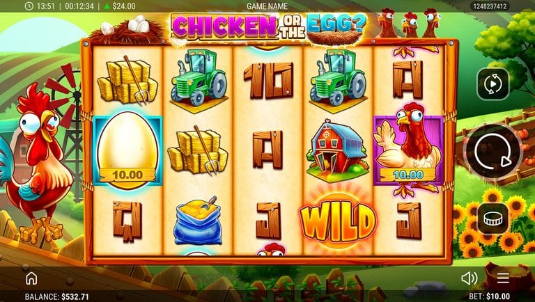 Colorful slot machine game screen titled "Chicken or the Egg?" featuring farm-themed symbols like a rooster, egg, tractor, hay, barn, and wild symbol, with a balance of $532.71 and a bet of $10.00 displayed.