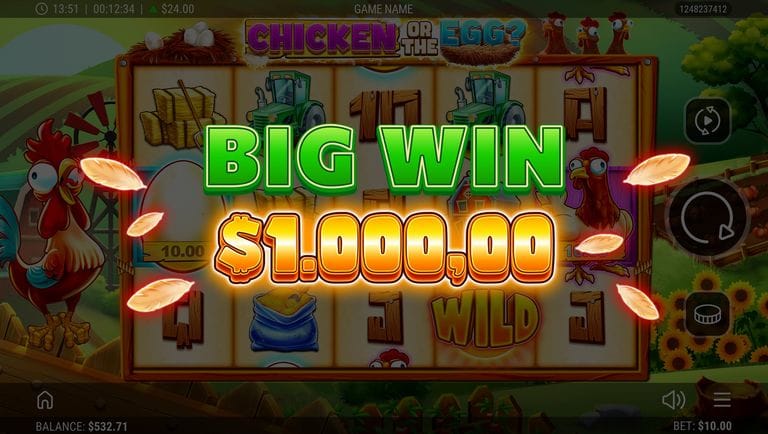 Slot machine game screen showing a "BIG WIN" message with a $1,000.00 prize, featuring a farm theme with chickens, eggs, and farm equipment. The game title "CHICKEN OR THE EGG?" is displayed at the top.