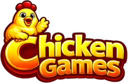 A cheerful yellow cartoon chicken with a red comb waving, positioned above the bold, gradient orange and yellow text "Chicken Games" outlined in dark red.