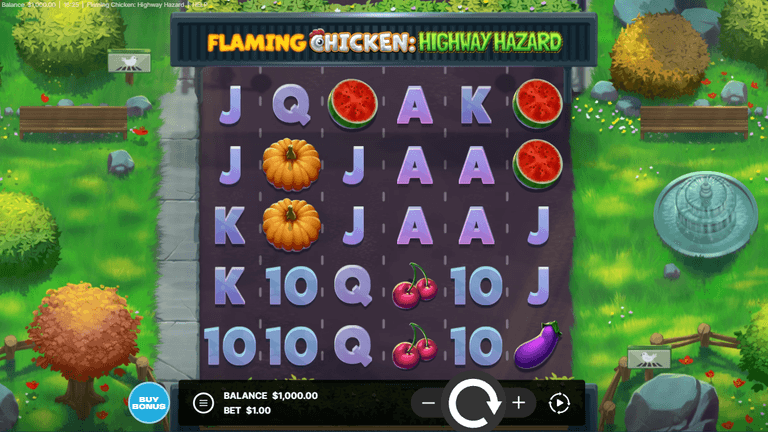 Slot machine game screen titled "Flaming Chicken: Highway Hazard" featuring various symbols like letters, fruits, and vegetables on a 5x6 grid with a green park background. The balance is $1,000.00 and the bet is $1.00.