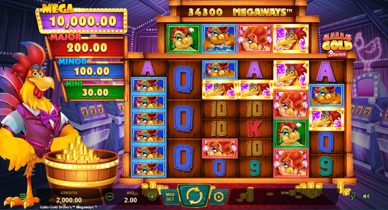 Colorful slot machine game screen featuring cartoon rooster characters, various symbols, and jackpot amounts labeled Mega, Major, Minor, and Mini, with a large rooster character standing next to a barrel of gold coins.