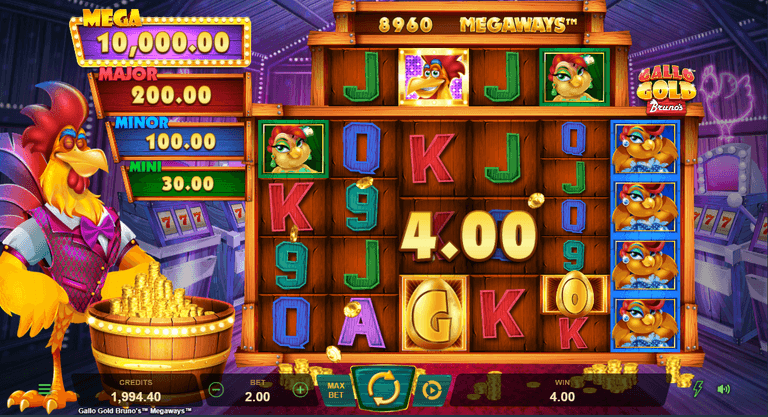 Colorful slot machine game screen with cartoon rooster characters, various symbols, and a jackpot display showing Mega 10,000.00, Major 200.00, Minor 100.00, and Mini 30.00 prizes.