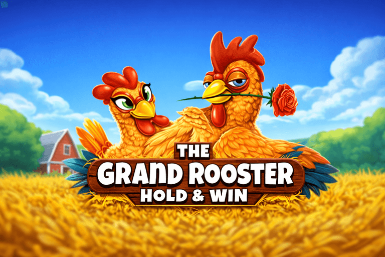 Two cartoon chickens, one holding a rose in its beak, are set against a bright blue sky and golden field with a barn in the background, with the text "The Grand Rooster Hold & Win" displayed prominently in front.