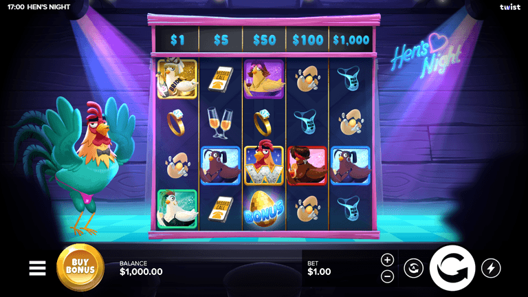 Colorful animated slot machine game screen titled "Hen's Night" featuring cartoon hens, rings, champagne glasses, and bonus symbols with a rooster character standing to the left and a balance of $1,000 displayed at the bottom.
