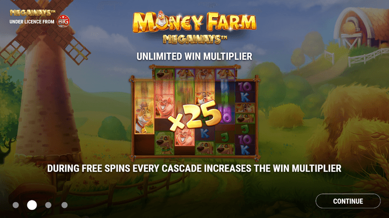 Money Farm Megaways slot game screen showing a 25x win multiplier with text explaining that during free spins every cascade increases the win multiplier.
