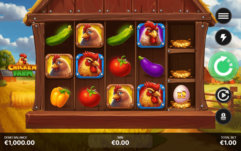 Slot machine game screen titled "Chicken Farm" featuring animated icons of chickens, vegetables, and an egg with a multiplier, set against a farm background with a demo balance and betting options displayed.