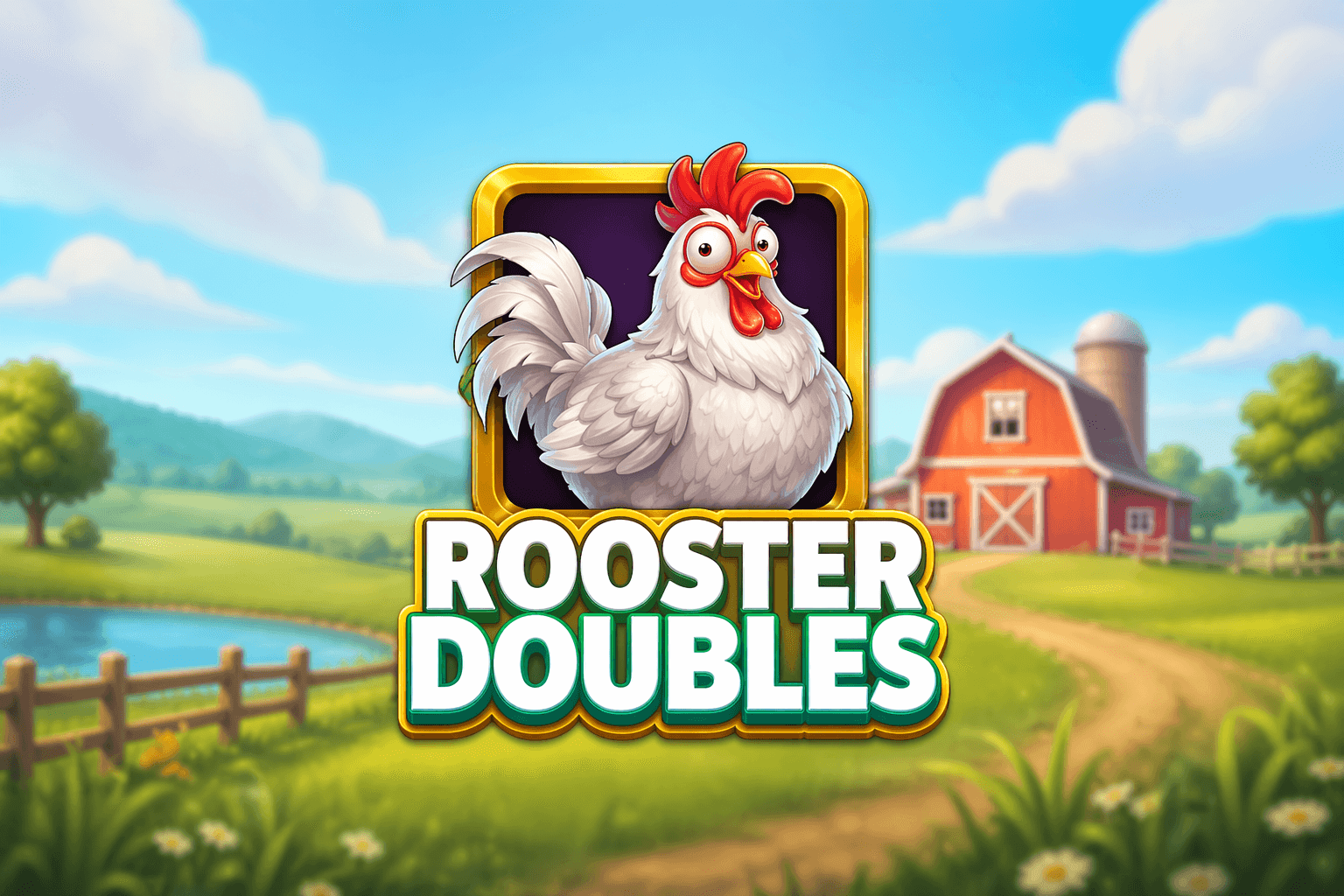 A cartoon white rooster with a red comb and wattle is centered above the bold text "ROOSTER DOUBLES" against a bright farm background featuring a red barn, a pond, trees, and a dirt path.