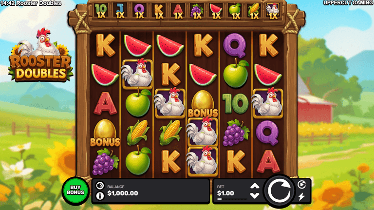 Rooster Doubles slot game screen showing various symbols including roosters, fruits, corn, and bonus eggs on a wooden frame with a green field and barn background. The balance is $1,000.00 and the bet is $1.00.