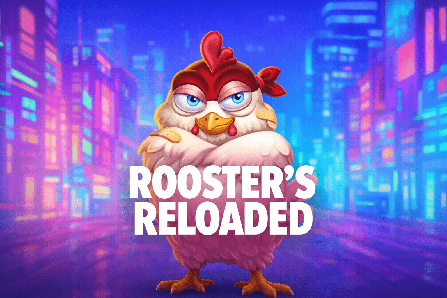 A cartoon rooster with a red bandana and crossed wings stands confidently against a colorful cityscape background with the text "ROOSTER'S RELOADED" in bold white letters.