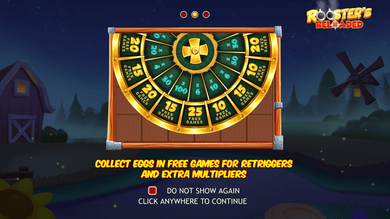 A colorful game wheel with sections labeled with free games and multipliers, set against a nighttime farm background with a barn and windmill, featuring the text "Collect eggs in free games for retriggers and extra multipliers" and a checkbox option to not show again.