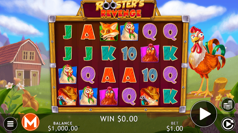 Colorful slot machine game titled "Rooster's Revenge" featuring cartoon farm animals and playing card symbols on a wooden frame with a barn and rooster in the background. The balance is $1,000.00, the bet is $1.00, and the win amount is $0.00.
