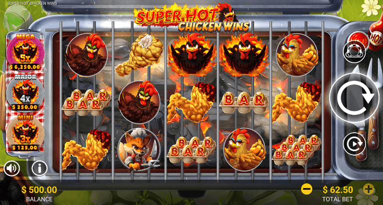 Super Hot Chicken Wins slot game screen showing various chicken, fried chicken, and BAR symbols on a grill-themed background with a $500 balance and $62.50 total bet.