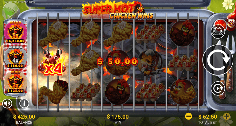 Super Hot Chicken Wins slot game screen showing a winning combination with fried chicken drumsticks, chickens, and BAR symbols, a $50.00 win, and a 4x multiplier. The balance is $425.00, total bet $62.50, and win amount $175.00.