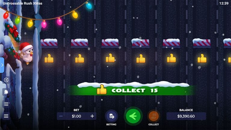 Uncrossable Rush Xmas game screen showing a snowy road with thumbs-up icons to collect, a bird wearing a Santa hat, and game controls for betting and collecting with a balance of $9,390.60.