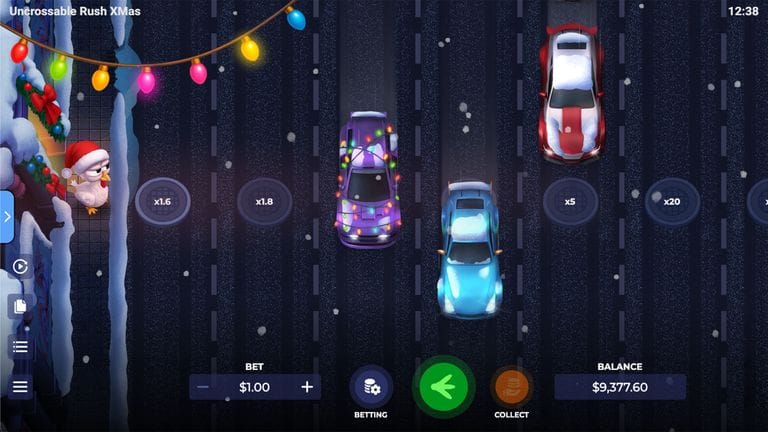 Christmas-themed racing game screen showing three snow-covered cars on a snowy road with multipliers above each lane, a festive bird wearing a Santa hat on the left, and game controls at the bottom.