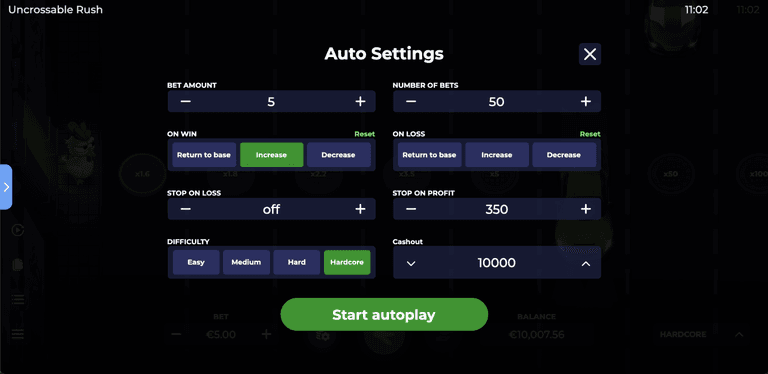 Auto Settings menu for a game called Uncrossable Rush showing adjustable options for bet amount, number of bets, actions on win/loss, stop on loss/profit, difficulty level, and cashout, with a green "Start autoplay" button at the bottom.