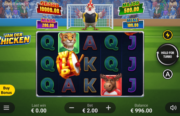 Online slot game interface featuring animal-themed symbols including a leopard, moose, and a wild drum, with jackpot amounts displayed at the top and betting options at the bottom.