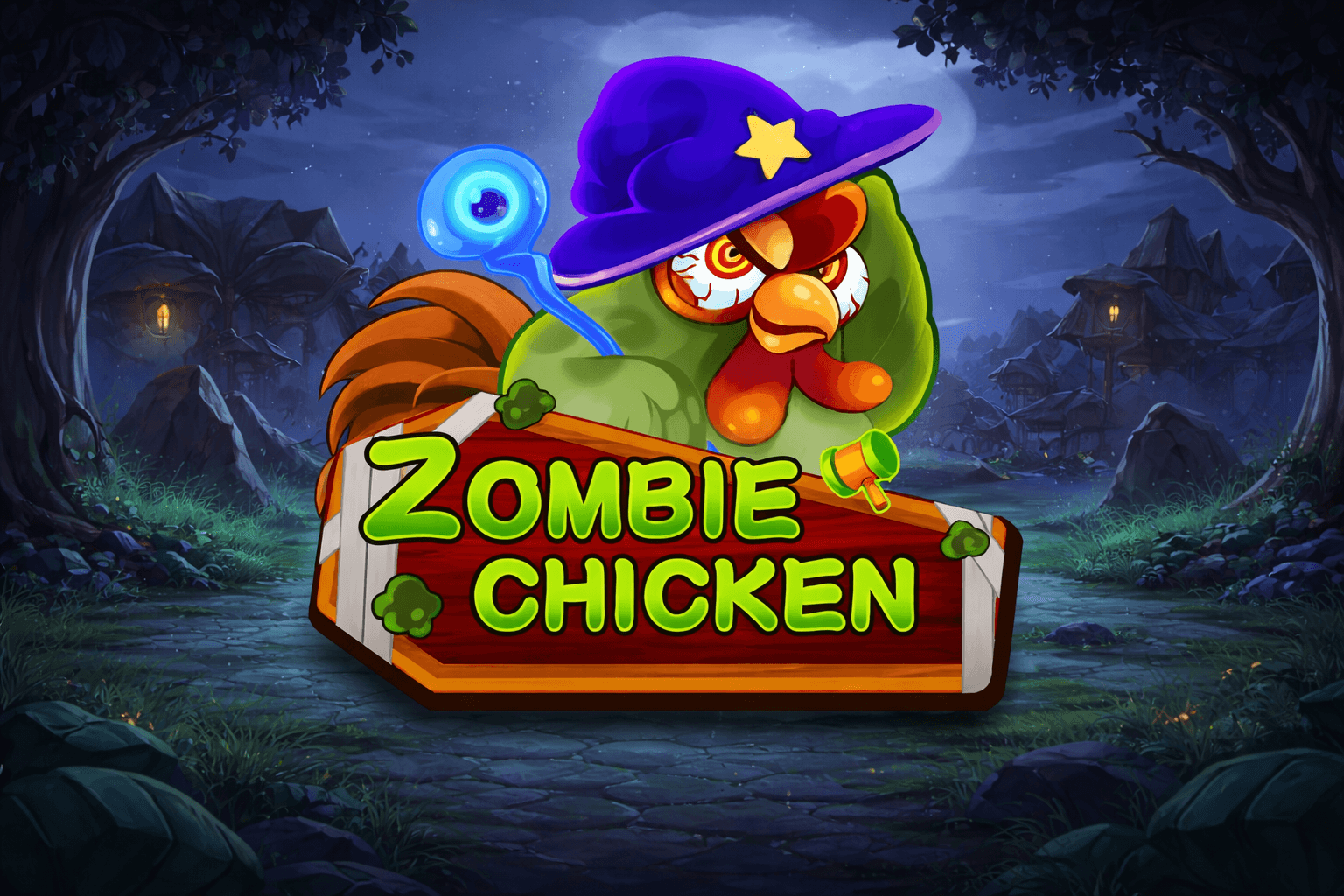 A cartoon green zombie chicken wearing a purple wizard hat with a yellow star, holding a wooden sign that reads "Zombie Chicken" in bright green letters, set against a dark, eerie village background.